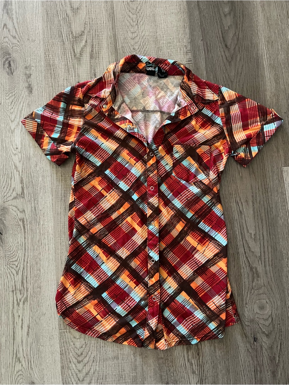 Weavers Vintage Plaid Short-Sleeve Button-Down Shirt - Red, Orange, Turquoise - Picture 7 of 8